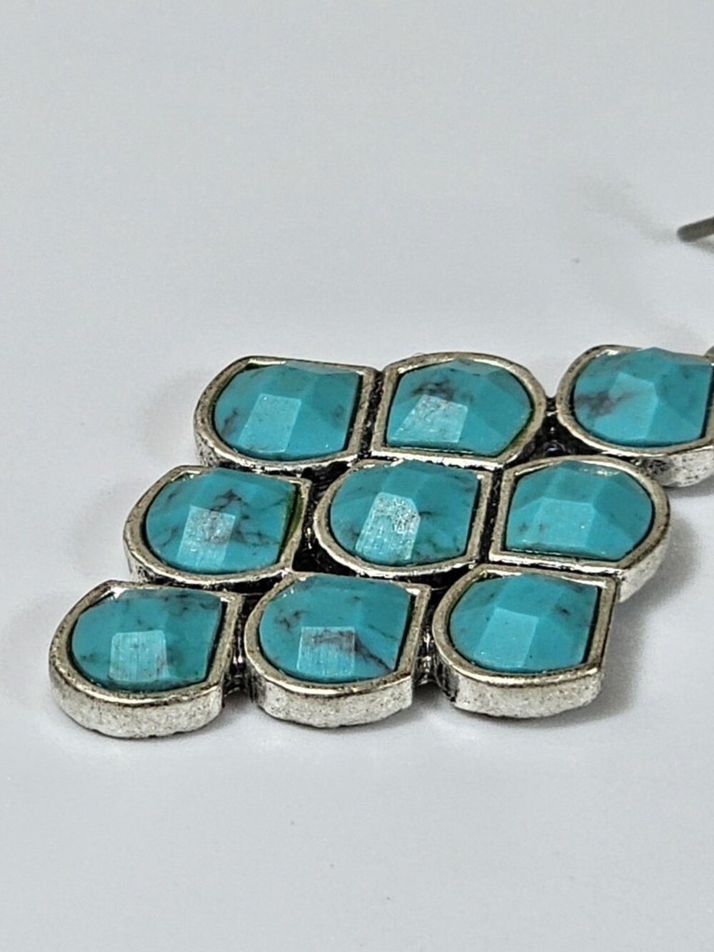 Turquoise Dangle Earrings Silver Tone Geometric Drop Jewelry VTG - Picture 5 of 9